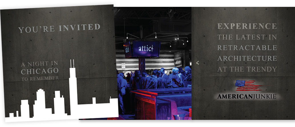 Libart invitation featuring their premiere retractable enclosure at the trendy American Junkie